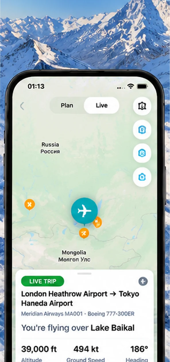 AirReveal live flight map showing a plane over Mongolia and the landmark below