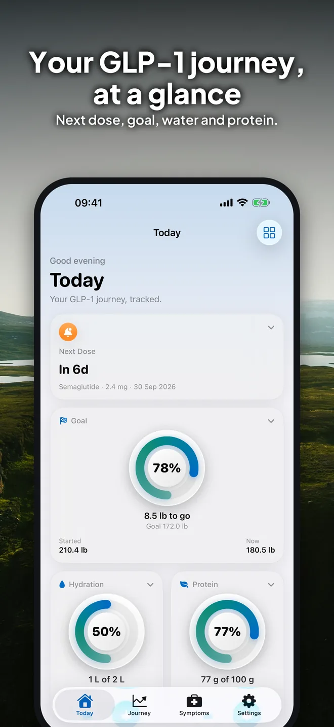 GLPMGR Today screen with next dose, goal, water and protein